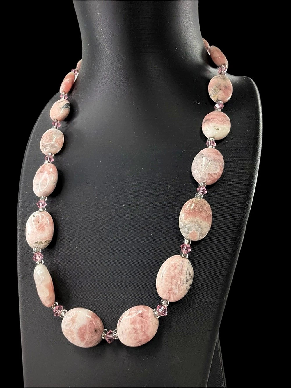 Sterling Silver 925 Rose Pink Stone Necklace 16” Beaded Oval Rhodochrosite EUC
